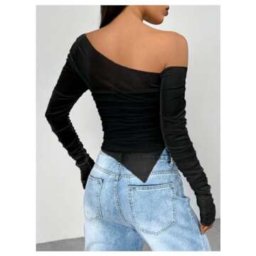 MakeMeChic Women's Y2K Long Sleeve Off The Shoulder Mesh Asymmetrical Going Out Tops Tee Shirts