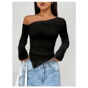 MakeMeChic Women's Y2K Long Sleeve Off The Shoulder Mesh Asymmetrical Going Out Tops Tee Shirts