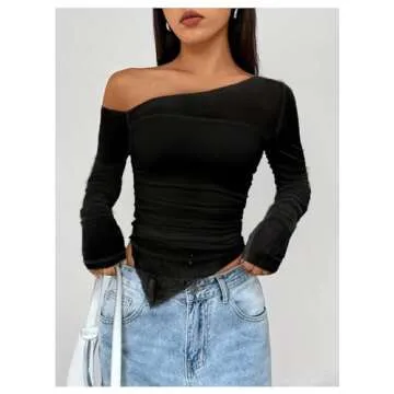 MakeMeChic Women's Y2K Long Sleeve Off The Shoulder Mesh Asymmetrical Going Out Tops Tee Shirts