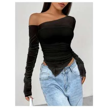 MakeMeChic Women's Y2K Long Sleeve Off The Shoulder Mesh Asymmetrical Going Out Tops Tee Shirts