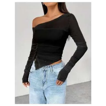 MakeMeChic Women's Y2K Long Sleeve Off The Shoulder Mesh Asymmetrical Going Out Tops Tee Shirts
