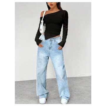 MakeMeChic Women's Y2K Long Sleeve Off The Shoulder Mesh Asymmetrical Going Out Tops Tee Shirts