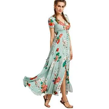 Milumia Women Button Up Floral Print Split Flowy Maxi Party Summer Dress Light Green Medium