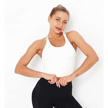 Redqenting Longline Sports Bra for Women with Removable Padded,Sexy Criss Cross Back Strappy Yoga Bras Workout Tank Tops White