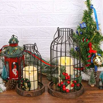 Modern Farmhouse Decor Candle Holder with Electronic Candle, Rustic Farmhouse Lantern Decor Wire Metal Cloche Set Home Decor Candle Lantern for Living Room, Dining Table, Mantle, Fireplace