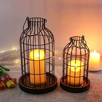 Modern Farmhouse Decor Candle Holder with Electronic Candle, Rustic Farmhouse Lantern Decor Wire Metal Cloche Set Home Decor Candle Lantern for Living Room, Dining Table, Mantle, Fireplace