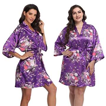 Mignon Cromwell Women's Floral Bride Bridesmaids Robe Satin Wedding Kimono Bridal Dressing Gown Slee...