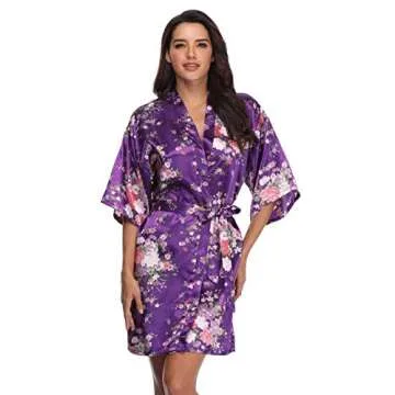 Mignon Cromwell Women's Floral Bride Bridesmaids Robe Satin Wedding Kimono Bridal Dressing Gown Sleepwear, Deep purple, M