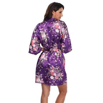 Mignon Cromwell Women's Floral Bride Bridesmaids Robe Satin Wedding Kimono Bridal Dressing Gown Sleepwear, Deep purple, M