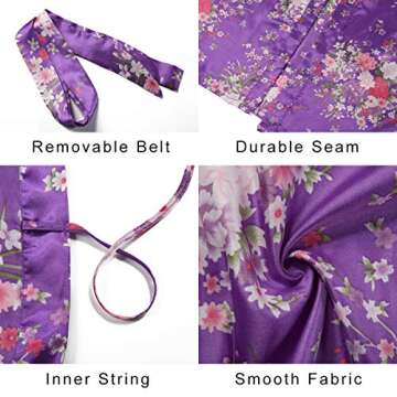 Mignon Cromwell Women's Floral Bride Bridesmaids Robe Satin Wedding Kimono Bridal Dressing Gown Sleepwear, Deep purple, M
