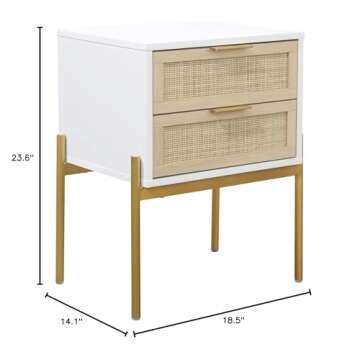 Andrew End, Bedside or Side Table in Matte White Finish with Two Natural Rattan Drawers Doors for St...