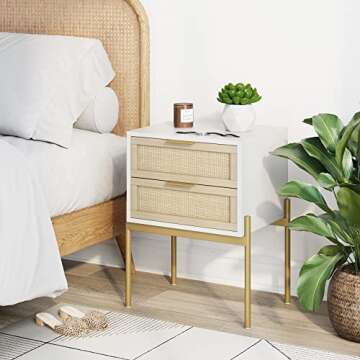 Andrew End, Bedside or Side Table in Matte White Finish with Two Natural Rattan Drawers Doors for Storage and Brass Gold Accents for Living Room or Bedroom, White/Cane/Gold
