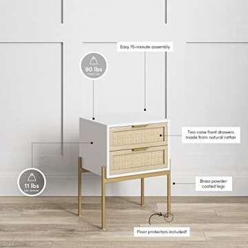 Andrew End, Bedside or Side Table in Matte White Finish with Two Natural Rattan Drawers Doors for Storage and Brass Gold Accents for Living Room or Bedroom, White/Cane/Gold