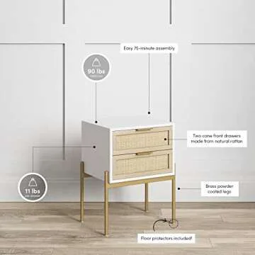 Andrew End, Bedside or Side Table in Matte White Finish with Two Natural Rattan Drawers Doors for Storage and Brass Gold Accents for Living Room or Bedroom, White/Cane/Gold