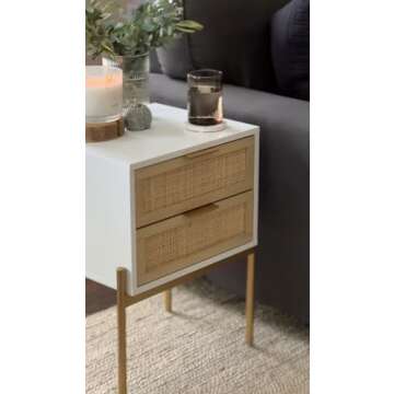 Andrew End, Bedside or Side Table in Matte White Finish with Two Natural Rattan Drawers Doors for Storage and Brass Gold Accents for Living Room or Bedroom, White/Cane/Gold
