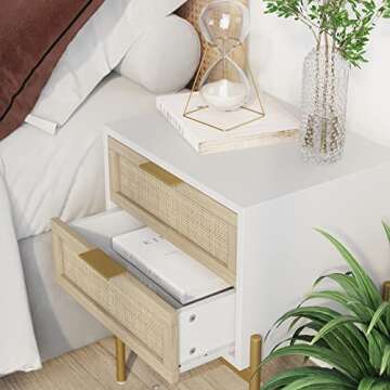 Andrew End, Bedside or Side Table in Matte White Finish with Two Natural Rattan Drawers Doors for Storage and Brass Gold Accents for Living Room or Bedroom, White/Cane/Gold