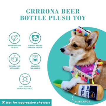 Haute Diggity Dog Grrrona Beer Bottle, Plush Designer Dog Toys with Interactive Squeaker, Stimulating Pet Enrichment, Machine-Washable & Safe Materials for All Breeds, Size Medium