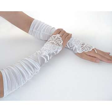 JISEN Women 20s Satin gloves Formal Bridal Banquet Party Wedding Opera Colorful Mitten Fingerless 15 Inch White