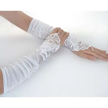 JISEN Women 20s Satin gloves Formal Bridal Banquet Party Wedding Opera Colorful Mitten Fingerless 15 Inch White