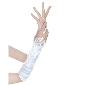 JISEN Women 20s Satin gloves Formal Bridal Banquet Party Wedding Opera Colorful Mitten Fingerless 15 Inch White