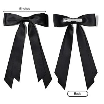 2PCS Silky Satin Hair Bows Hair Clip Black Hair Ribbon Ponytail Holder Accessories Slides Metal Clips Hair Bow for Women Girls Toddlers Teens Kids