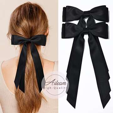 2PCS Silky Satin Hair Bows Hair Clip Black Hair Ribbon Ponytail Holder Accessories Slides Metal Clips Hair Bow for Women Girls Toddlers Teens Kids