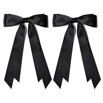 2PCS Silky Satin Hair Bows Hair Clip Black Hair Ribbon Ponytail Holder Accessories Slides Metal Clips Hair Bow for Women Girls Toddlers Teens Kids