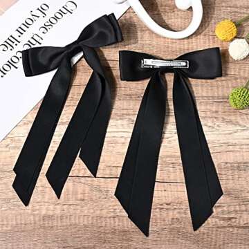 2PCS Silky Satin Hair Bows Hair Clip Black Hair Ribbon Ponytail Holder Accessories Slides Metal Clips Hair Bow for Women Girls Toddlers Teens Kids