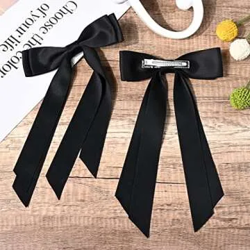 2PCS Silky Satin Hair Bows Hair Clip Black Hair Ribbon Ponytail Holder Accessories Slides Metal Clips Hair Bow for Women Girls Toddlers Teens Kids