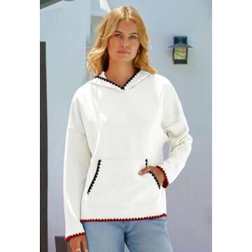 MEROKEETY Women's 2024 Casual Long Sleeve Hoodies Fall Loose Pullover Sweatshirts Tops with Pockets, White, L