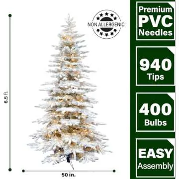 Fraser Hill Farm 6.5-Ft. Mountain Pine Flocked Artificial Christmas Tree with White Incandescent Smart Lights and Stand, Prelit Foldable Fake Tree with Realistic Snowy Foliage for Home Decoration