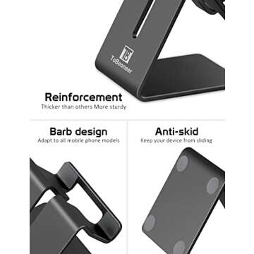 ToBeoneer Phone Stand, Aluminum Phone Holder for iPhone 16 15 14 13 12 11 X 8 7 6 Plus 5, Tablet, Samsung, Huawei, Suitable for All Smartphones, Adding a Touch of Style to Your Office Decor, Black