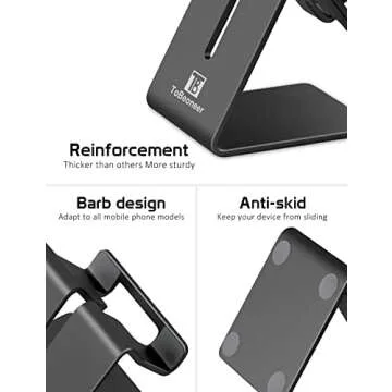 ToBeoneer Phone Stand, Aluminum Phone Holder for iPhone 16 15 14 13 12 11 X 8 7 6 Plus 5, Tablet, Samsung, Huawei, Suitable for All Smartphones, Adding a Touch of Style to Your Office Decor, Black