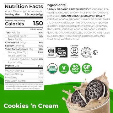 Orgain Organic Vegan Protein Powder, Cookies & Cream - 21g Plant Based Protein, 7g Prebiotic Fiber, ...