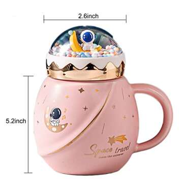 DRAMLOR Cute Ceramic Astronaut Mug, 15OZ Kawaii Astronaut Mug Space Coffee Mug with Lid and Spoon, Cute Cups Kawaii Coffee Cup with Box for Children, Friends and Family (Pink)