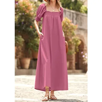 KIRUNDO Summer Maxi Dress with Pockets and Puff Sleeves