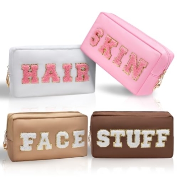 Burskit Preppy Makeup Bags Set - 4 Pcs Travel Organizer with Chenille Letters