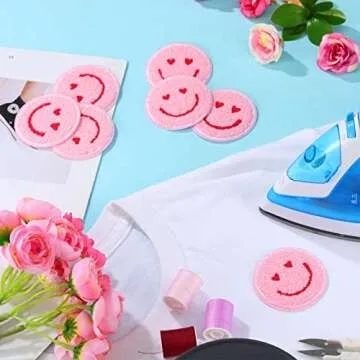 24 Pieces Smile Face Patch Sew on Iron on Patch Valentines Decorative Dress Towel Cloth Happy Face Patch Clothes Sewing Decorating DIY Craft Applique Patch for Decoration(Heart Style,Pink)