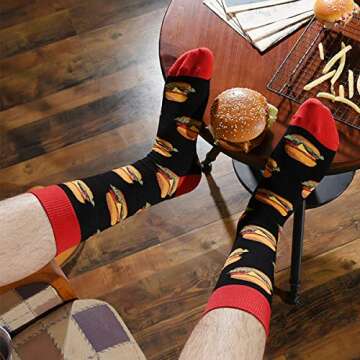 HSELL Mens Fun Patterned Dress Socks Funny Novelty Crazy Design Cotton Socks Gift for Men (4 Pairs - Burger/Sushi/Cheese/Taco)