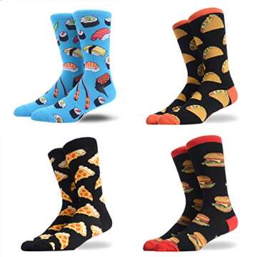 HSELL Mens Fun Patterned Dress Socks Funny Novelty Crazy Design Cotton Socks Gift for Men (4 Pairs - Burger/Sushi/Cheese/Taco)