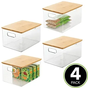 Stackable Kitchen Pantry Storage Bins with Bamboo Lid