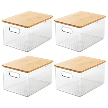 Stackable Kitchen Pantry Storage Bins with Bamboo Lid