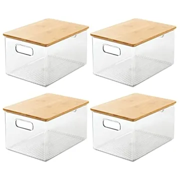 Stackable Kitchen Pantry Storage Bins with Bamboo Lid