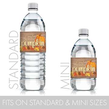 DISTINCTIVS Rustic Fall Little Pumpkin Baby Shower Water Bottle Labels, Fall Waterproof Bottle Wrappers - 24 Count