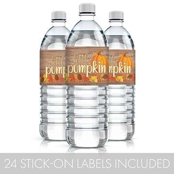 DISTINCTIVS Rustic Fall Little Pumpkin Baby Shower Water Bottle Labels, Fall Waterproof Bottle Wrappers - 24 Count