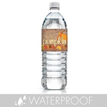 DISTINCTIVS Rustic Fall Little Pumpkin Baby Shower Water Bottle Labels, Fall Waterproof Bottle Wrappers - 24 Count