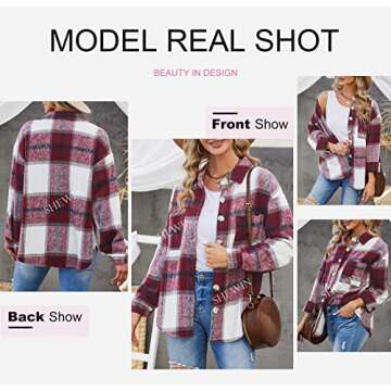 SHEWIN Women's Flannel Shirts Long Sleeve Plaid Lapel Casual Button Up Shacket Jacket Coats with Pockets Fall Tops for Women,US 8-10(M),Deep Red