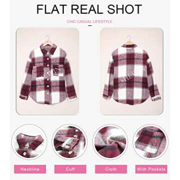 SHEWIN Women's Flannel Shirts Long Sleeve Plaid Lapel Casual Button Up Shacket Jacket Coats with Pockets Fall Tops for Women,US 8-10(M),Deep Red