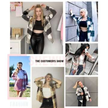 SHEWIN Women's Flannel Shirts Long Sleeve Plaid Lapel Casual Button Up Shacket Jacket Coats with Pockets Fall Tops for Women,US 8-10(M),Deep Red