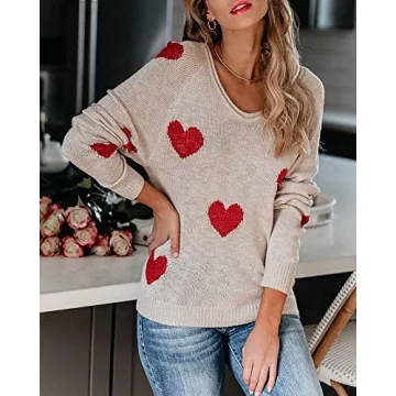 Lightweight Off Shoulder Heart Print Pullover Sweater